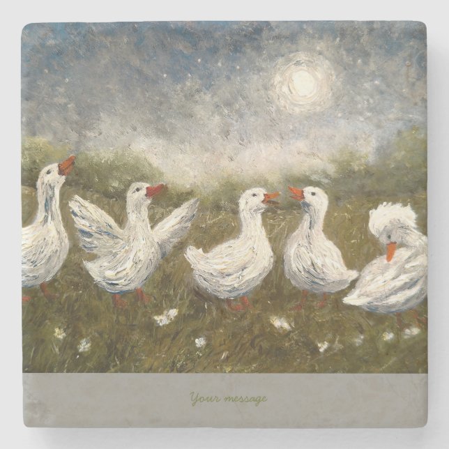 Posavasos De Piedra Quiet Quack: White Duck Starry Night Goose (Anverso)