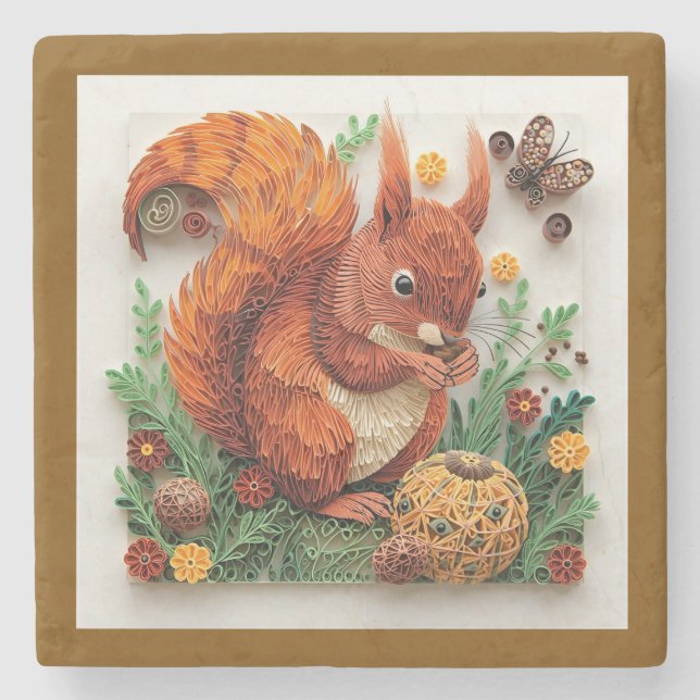 Posavasos De Piedra Quilling Effect Red Squirrel in Autumn (Anverso)