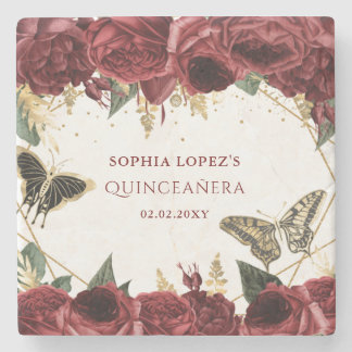 Posavasos De Piedra Quinceañera Mariposas Florales Doradas Burgundy