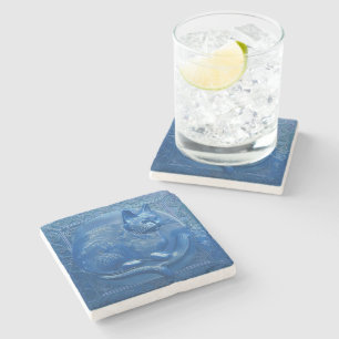 Posavasos De Piedra R Navy Blue falsa alivio Art Nouveau Cat