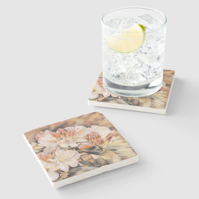 Posavasos De Piedra Rama con una flor de azeea primaveral naranja (Lateral)