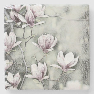 Posavasos De Piedra Rama de magnolia rosa dibujando fondo negro gris
