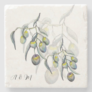 Posavasos De Piedra Rama de Olivo Gris Azul Pastel Acuarela