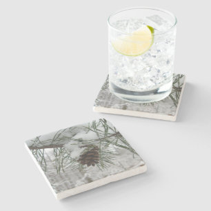 Posavasos De Piedra Rama de pino nevada Fotografía de la naturaleza in