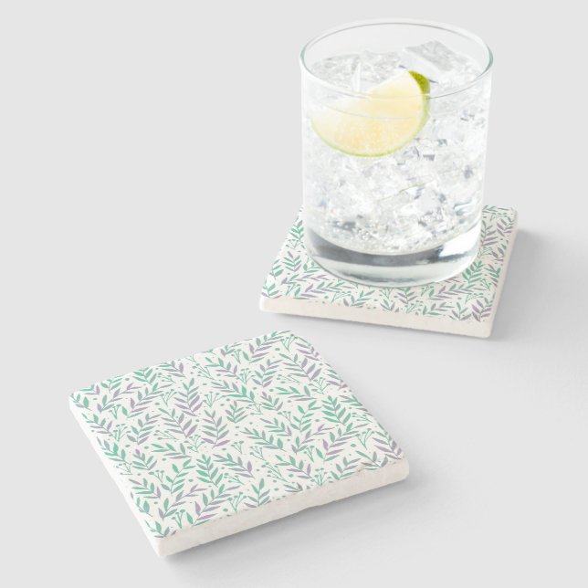 Posavasos De Piedra Ramas de acuarela pastel púrpura y verde (Lateral)