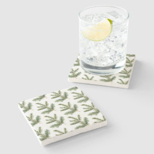 Posavasos De Piedra Ramas de árbol de pino verde blanco Navidad