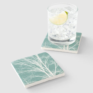 Posavasos De Piedra Ramas de árbol desnudas verde teal blanco