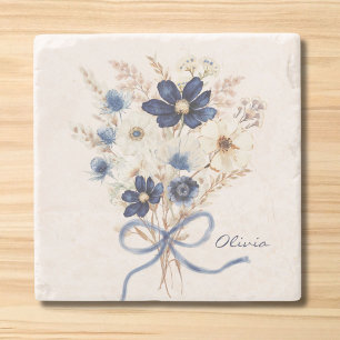 Posavasos De Piedra Ramo de flores azul marino acuarela personalizado