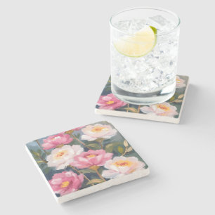 Posavasos De Piedra Ramo de flores de peonías rosadas acuarela