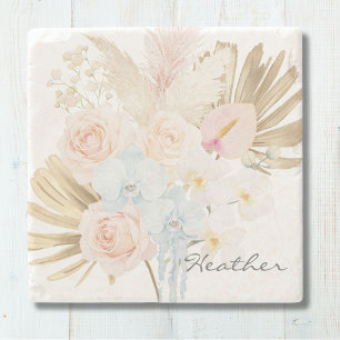 Posavasos De Piedra Ramo Floral Tropical Bonito Monogramado