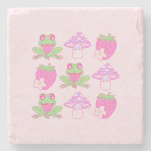 Posavasos De Piedra Rana Kawaii, champiñón y fresa