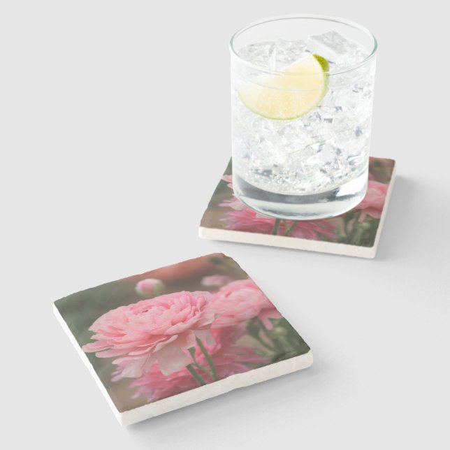 Posavasos De Piedra Ranúnculo Rosa Peonía Primer Plano (Lateral)