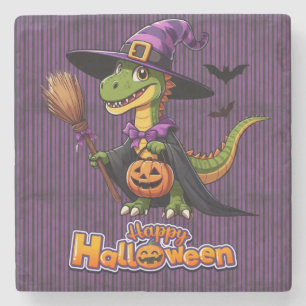 Posavasos De Piedra Raptor de Halloween lindo/bruja de dinosaurio