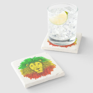Posavasos De Piedra Rasta cabeza de león rojo dibujo verde amarillo Ja