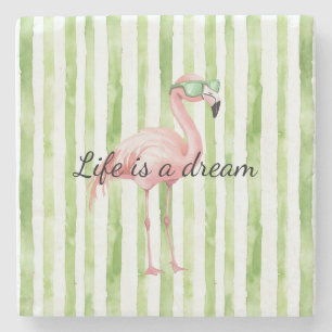 Posavasos De Piedra Rayas blancas verdes Flamingo rosa