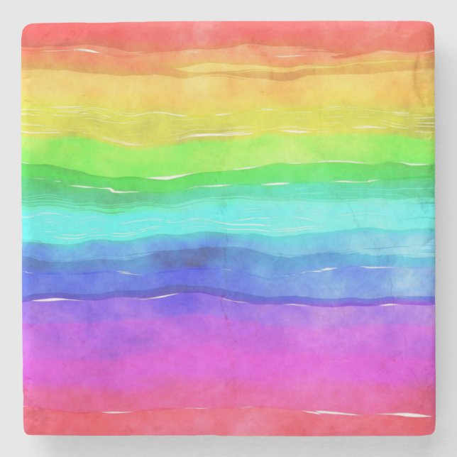 Posavasos De Piedra Rayas de arcoíris en acuarela (Anverso)