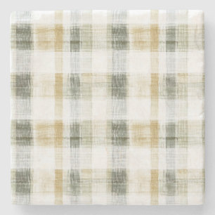 Posavasos De Piedra Rayas de Cuadro Escocés Amarillo Verde Blanco