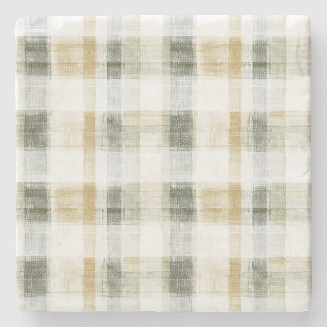 Posavasos De Piedra Rayas de Cuadro Escocés Amarillo Verde Blanco (Anverso)