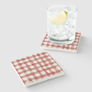 Posavasos De Piedra Rayas de Cuadro Escocés Rojo Blanco