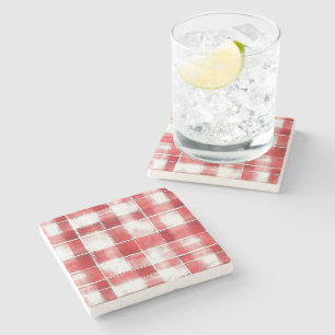 Posavasos De Piedra Rayas de Cuadro Escocés Rojo Blanco