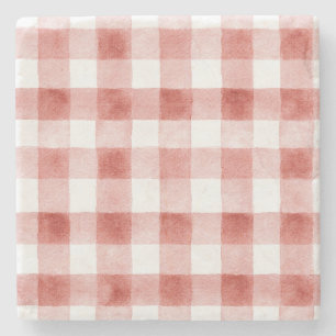 Posavasos De Piedra Rayas de Cuadro Escocés Rojo Blanco