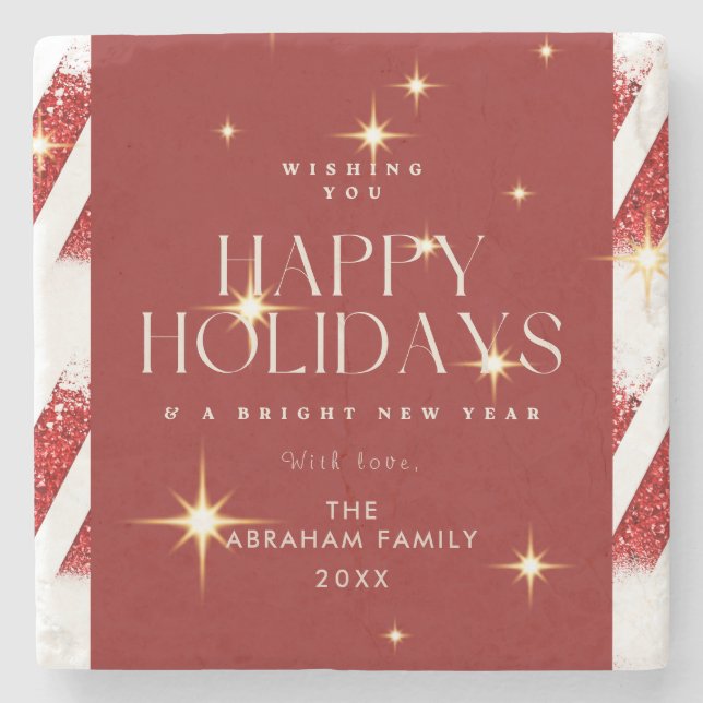 Posavasos De Piedra Rayas rojas personalizado resplandecientes vacacio (Anverso)