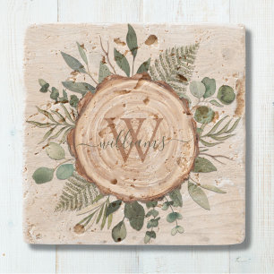 Posavasos De Piedra Rebanada de madera rústica de acuarela con monogra