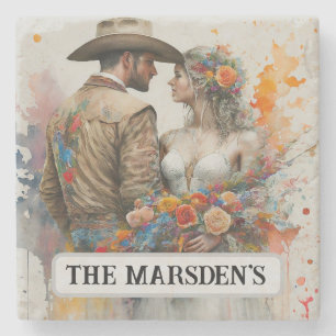 Posavasos De Piedra Recién Casados Country Western Acuarela