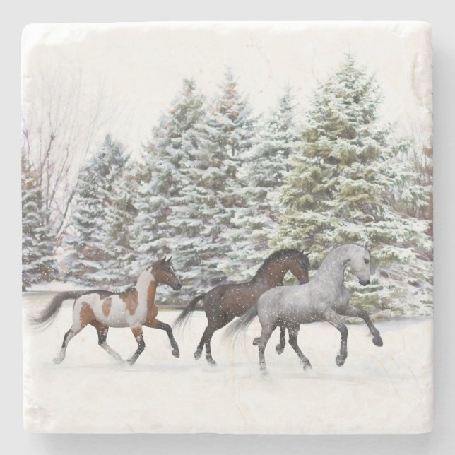 Posavasos De Piedra Recorriendo la nieve - Corriendo caballos (Anverso)