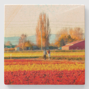 Posavasos De Piedra Recorriendo los Campos de Tulipanes Rojo y Oro