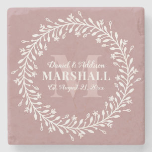 Posavasos De Piedra Recuerdo Pareja Recién Casada Corona Rosa Monogram