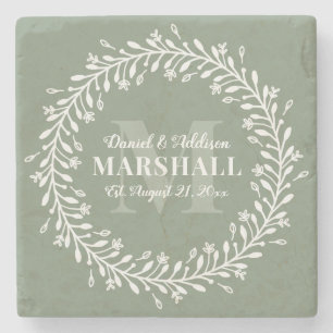 Posavasos De Piedra Recuerdo Pareja Recién Casada Monograma Corona Ver