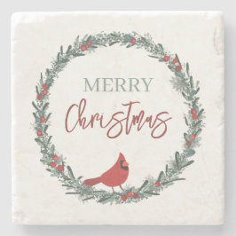 Posavasos De Piedra Red Berries Wreath and Red Cardinal Christmas