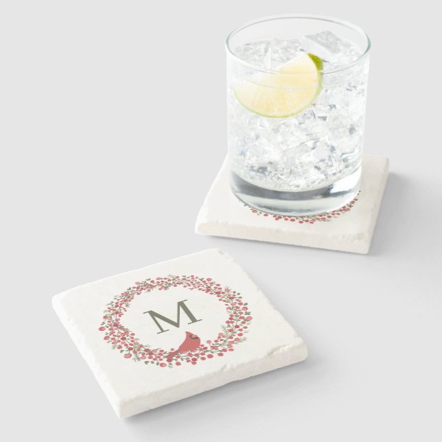 Posavasos De Piedra Red Berries Wreath and Red Cardinal Monogram  (Lateral)