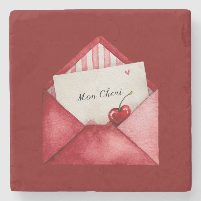 Posavasos De Piedra Red Cherry Heart Envelope Valentine's Day (Anverso)