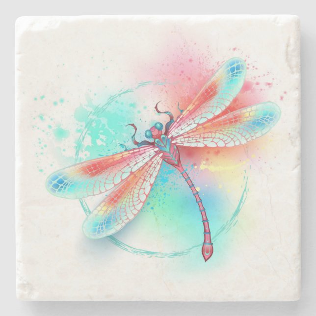 Posavasos De Piedra Red dragonfly on watercolor background (Anverso)