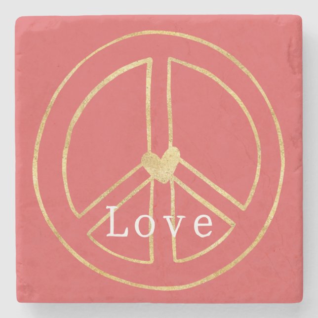 Posavasos De Piedra Red Gold Heart Peace Sign Love Valentine's Day (Anverso)