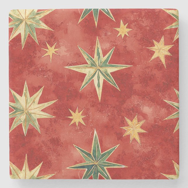 Posavasos De Piedra Red Green Gold Stars Christmas (Anverso)