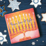 Posavasos De Piedra Red Hanukkah Menorah Peace Love Light Script<br><div class="desc">"Paz, amor y luz". Una foto de primer plano de una brillante, colorida, naranja roja y una artística dorada amarilla menorah te ayuda a inaugurar la festividad de Hanukkah con estilo. Sienta el calor y la alegría de la temporada de vacaciones cuando te relajes con tu bebida favorita en esta...</div>