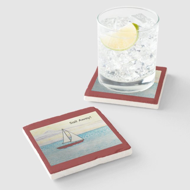 Posavasos De Piedra Red Sailboat- Sail Away Stone Coaster (Lateral)