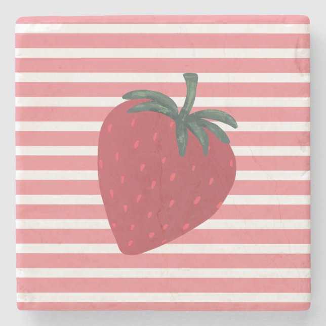 Posavasos De Piedra Red Strawberry Fruit and Stripes (Anverso)