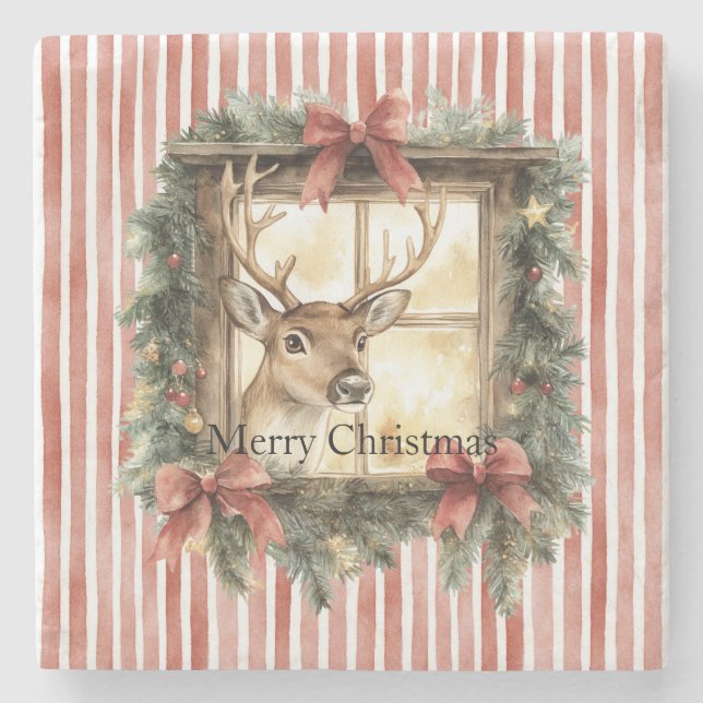 Posavasos De Piedra Red Stripes Bows Christmas Deer in Window (Anverso)