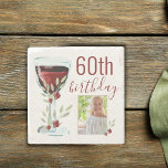 Posavasos De Piedra Red Wine Rose Watercolor Photo 60th Birthday<br><div class="desc">Rustic Red Wine Glass Rose Watercolor Photo 60th Birthday Stone Coaster. The design has watercolor red wine glass,  roses and twigs. The text is fully customizable - personalize it with your photo and age.</div>