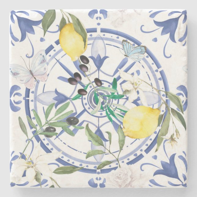 Posavasos De Piedra Redondo,ornamental ,azulejo español ,mediterráneo  (Anverso)