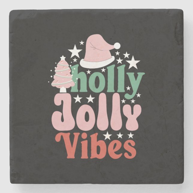 Posavasos De Piedra Regalo de Navidad Holly Jolly Vibes (Anverso)