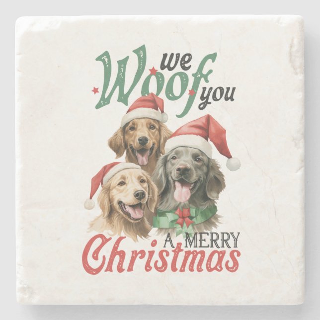 Posavasos De Piedra Regalo de Navidad Woof Merry Christmas (Anverso)