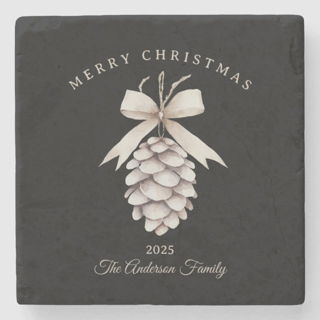 Posavasos De Piedra regalo de Navidades de pinecona blanca crema perso (Anverso)