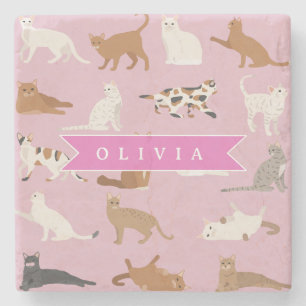 Posavasos De Piedra Regalo Personalizado de Patrón de Gato Rosa Lindo 