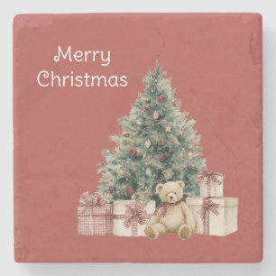 Posavasos De Piedra Regalos de oso de peluche de árbol de Navidad rojo