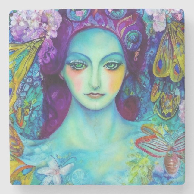 Posavasos De Piedra Reina de hadas encantada con mariposas (Anverso)